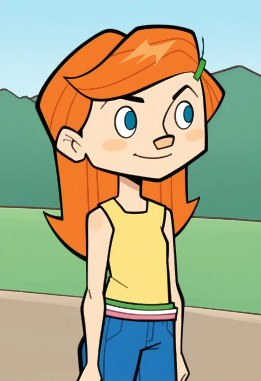 score_7_up, BREAK, Riley, 1girl, solo, orange hair, long hair, blue eyes, hairclip, yellow tanktop, blue pants,  upper body,cowboy shot, outdoors,
