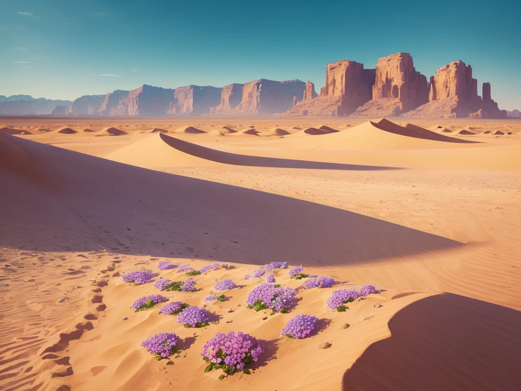 flowers growing in the sand of a desert with mountains in the background, desert flowers, in the desert beside the gulf, incredibly beautiful, unbelievably beautiful, harmony of desert, serene desert setting, beautiful setting, desert colors, by Louis Schanker, beautiful flowers, beautiful scene, beautiful flowers growing, beautiful! coherent!, in a serene vast desert, amazing beauty
