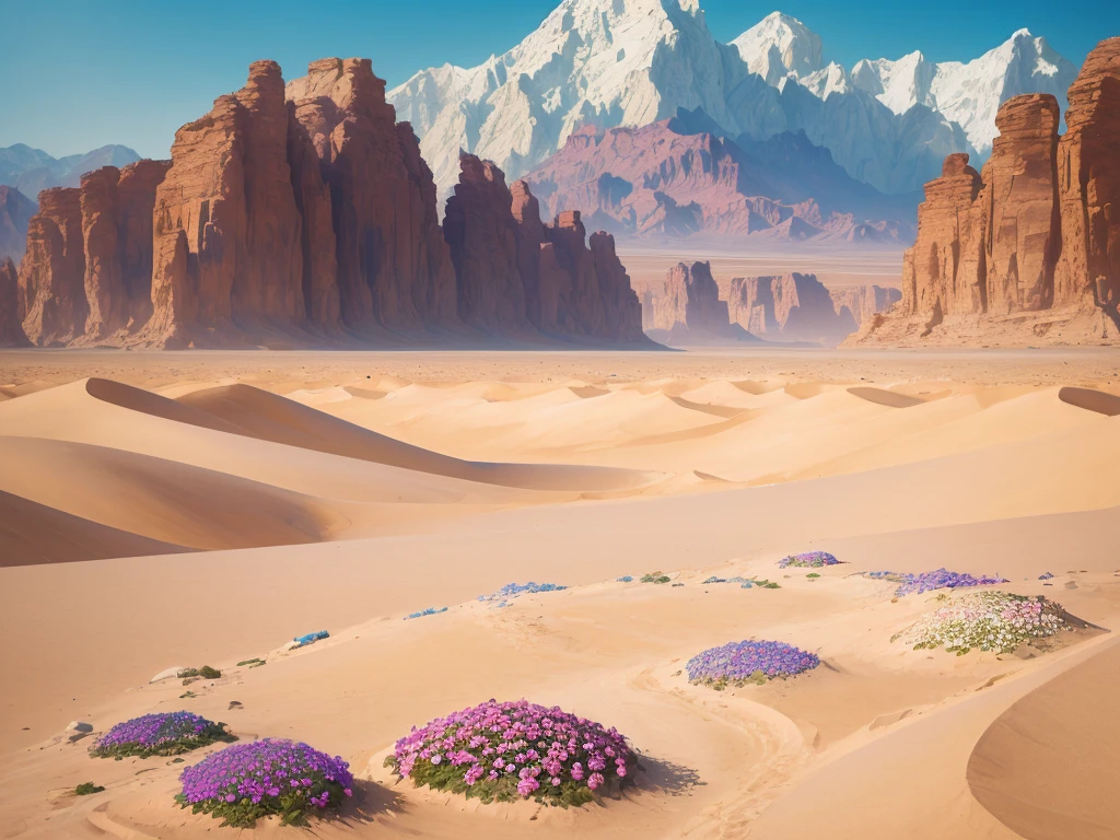 flowers growing in the sand of a desert with mountains in the background, a pastel by Louis Schanker, flickr, land art, desert flowers, in the desert beside the gulf, incredibly beautiful, unbelievably beautiful, harmony of desert, serene desert setting, beautiful setting, desert colors, beautiful flowers, beautiful scene, beautiful flowers growing, in a serene vast desert
