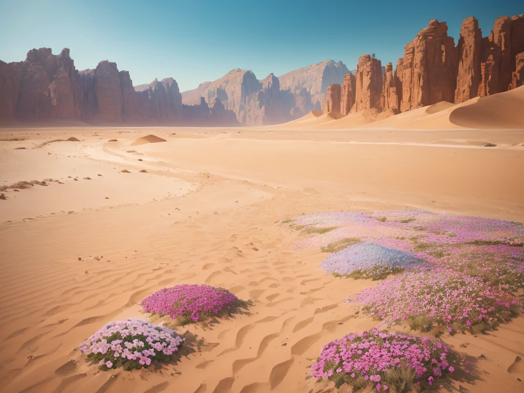 flowers growing in the sand of a desert with mountains in the background, a pastel by Louis Schanker, flickr, land art, desert flowers, in the desert beside the gulf, incredibly beautiful, unbelievably beautiful, harmony of desert, serene desert setting, beautiful setting, desert colors, beautiful flowers, beautiful scene, beautiful flowers growing, in a serene vast desert