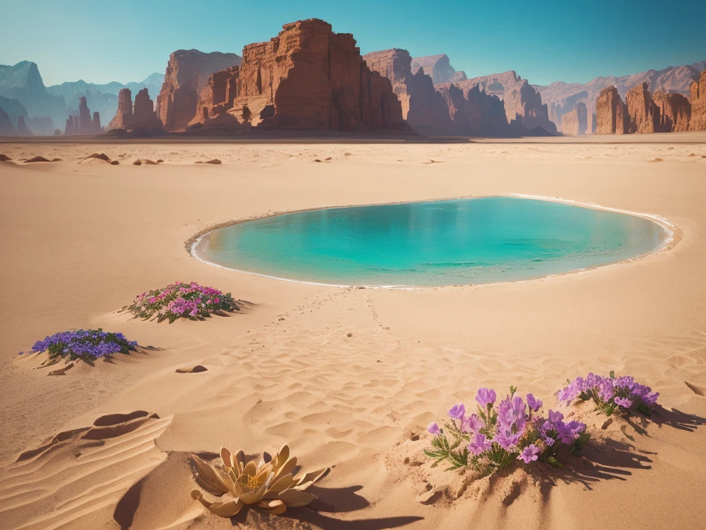 flowers growing in the sand of a desert with mountains in the background, a pastel by Louis Schanker, flickr, land art, desert flowers, in the desert beside the gulf, incredibly beautiful, unbelievably beautiful, harmony of desert, serene desert setting, beautiful setting, desert colors, beautiful flowers, beautiful scene, beautiful flowers growing, in a serene vast desert