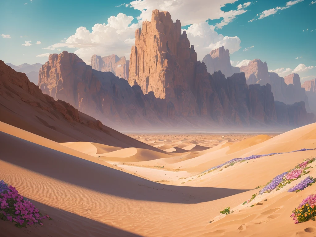 flowers growing in the sand of a desert with mountains in the background, desert flowers, in the desert beside the gulf, incredibly beautiful, unbelievably beautiful, harmony of desert, serene desert setting, beautiful setting, desert colors, by Louis Schanker, beautiful flowers, beautiful scene, beautiful flowers growing, beautiful! coherent!, in a serene vast desert, amazing beauty