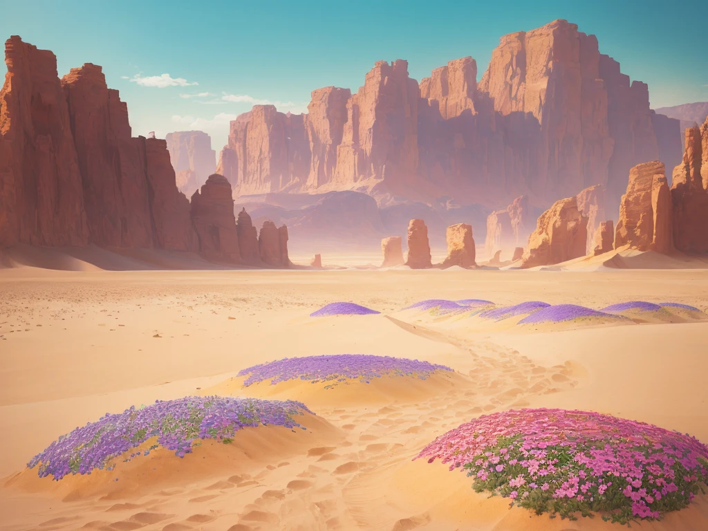 flowers growing in the sand of a desert with mountains in the background, a pastel by Louis Schanker, flickr, land art, desert flowers, in the desert beside the gulf, incredibly beautiful, unbelievably beautiful, harmony of desert, serene desert setting, beautiful setting, desert colors, beautiful flowers, beautiful scene, beautiful flowers growing, in a serene vast desert