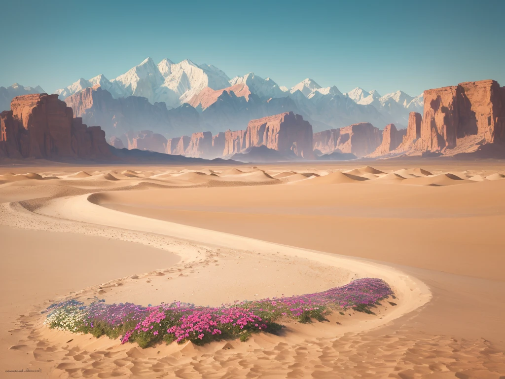 flowers growing in the sand of a desert with mountains in the background, desert flowers, in the desert beside the gulf, incredibly beautiful, unbelievably beautiful, harmony of desert, serene desert setting, beautiful setting, desert colors, by Louis Schanker, beautiful flowers, beautiful scene, beautiful flowers growing, beautiful! coherent!, in a serene vast desert, amazing beauty