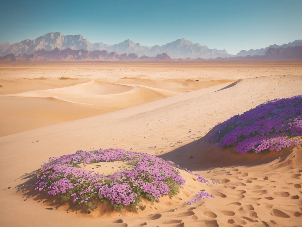 flowers growing in the sand of a desert with mountains in the background, a pastel by Louis Schanker, flickr, land art, desert flowers, in the desert beside the gulf, incredibly beautiful, unbelievably beautiful, harmony of desert, serene desert setting, beautiful setting, desert colors, beautiful flowers, beautiful scene, beautiful flowers growing, in a serene vast desert