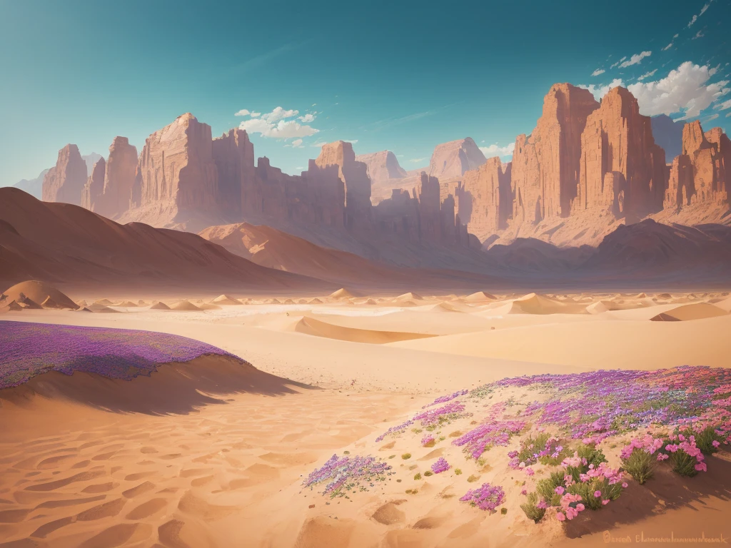 flowers growing in the sand of a desert with mountains in the background, desert flowers, in the desert beside the gulf, incredibly beautiful, unbelievably beautiful, harmony of desert, serene desert setting, beautiful setting, desert colors, by Louis Schanker, beautiful flowers, beautiful scene, beautiful flowers growing, beautiful! coherent!, in a serene vast desert, amazing beauty