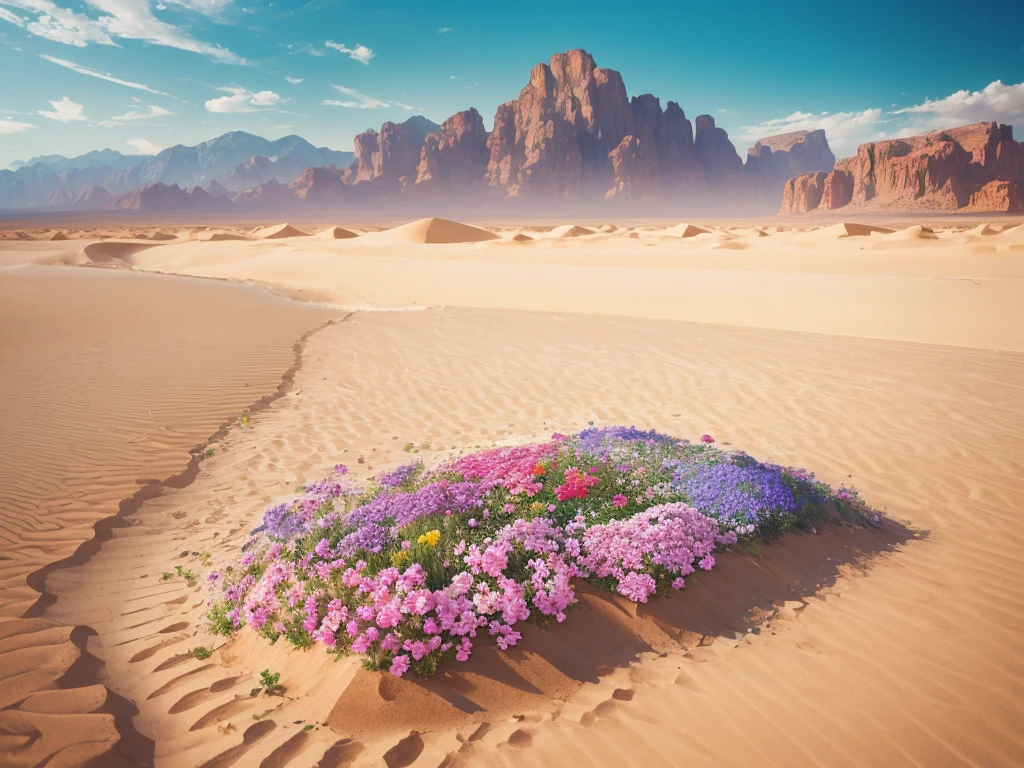 flowers growing in the sand of a desert with mountains in the background, a pastel by Louis Schanker, flickr, land art, desert flowers, in the desert beside the gulf, incredibly beautiful, unbelievably beautiful, harmony of desert, serene desert setting, beautiful setting, desert colors, beautiful flowers, beautiful scene, beautiful flowers growing, in a serene vast desert