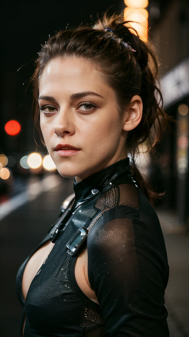 (masterpiece), (photorealistic1.4), (epiCRealLife), (best quality),  (epiCFlashPhoto), (ponytail), (Kristen Stewart), (young woman), (on the street), (close up), (flashphoto), (flash photography), (lora_kristenstewart_v1_from_v1_160), (make up), (laugh), (at night), (Bodysuit v13), (Cyberpunk bodysuit), (from front), (cowboy shots), (close up)