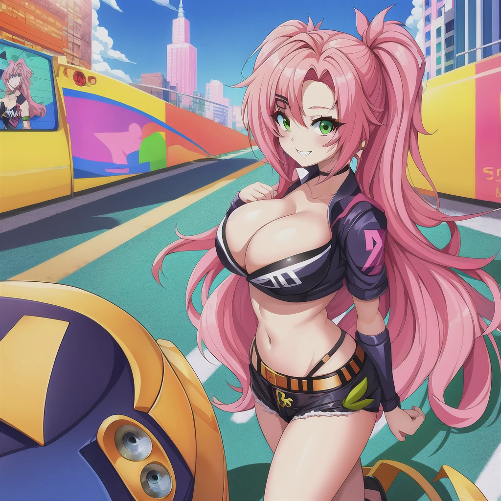 anime drawing of NicoleDemaraZZZ with pink_hair and green_eyes,
high contrast, high saturation, city, street, looking at viewer, smiling,

