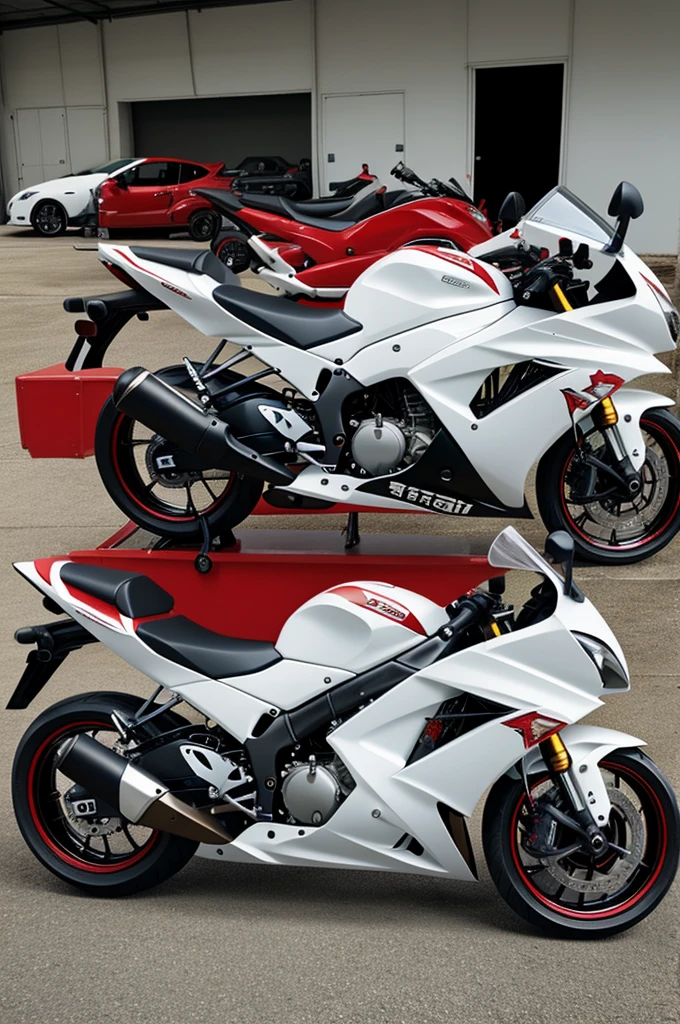 A small white Celica st205 with red details. Next to a Kawasaki zx6r 636 2005-2006 also white with small red details. In a garage with a flag of Japan