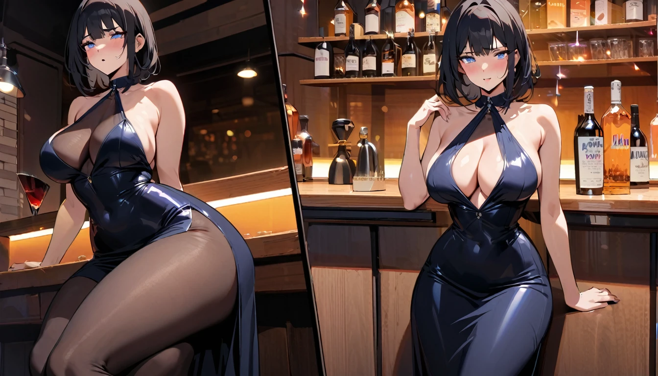 (Wife sad expression),Mature sexy woman,Delicate face,Sit at the bar and have a drink,Cautious expression,Black skirt, (Black Hair),(Eyes with large blue irises,,(Large Breasts),Big Ass,(5 feet tall)), Pop music (masterpiece, best quality:1.1),Detailed hands,Pop musicart style,