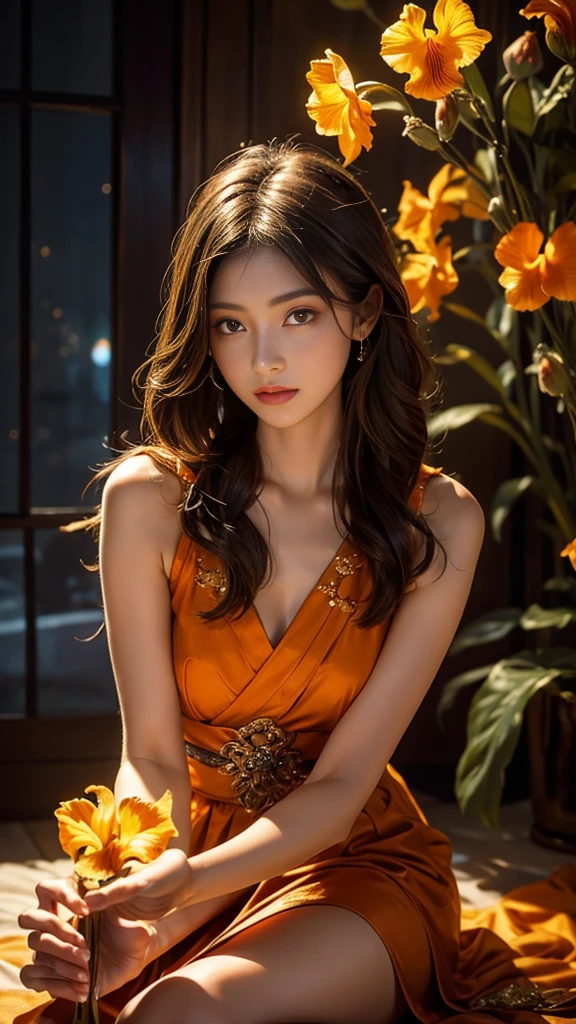 Full figure, seven -clinging shooting, 18 years old, wearing  firefly clothes, exquisite faces, details, hands, ultimate details, amazing magnificence, Pedaipan style, fiber hair, glowing orange iris, glowing orange flower, sitting,
