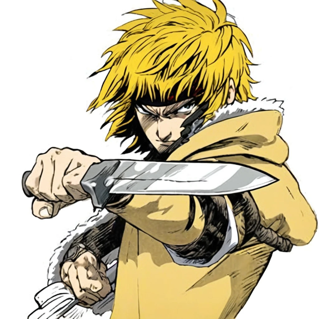 anime character with yellow hair holding a knife in his hand, kentaro miura manga art style, portrait of ninja slayer, key anime art, high quality colored sketch, striking manga artstyle, badass pose, best anime character design, advanced digital anime art ”, ichigo kurosaki, dio brando, genos, shigenori soejima illustration, trigger anime artstyle, thorfinn
