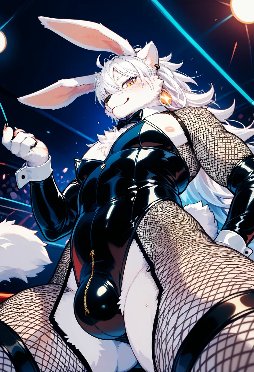 Highest quality, Highest quality, High quality illustrations, masterpiece, Ultra-high resolution, Detailed Background, club, Disco, Absurd, Perfect Anatomy, Performance, Good lighting, Shadows in the movie(kemono, Furry Personification), Rubber suit, Rubber Suit, latex, Earrings, Bunny Suit, Fishnet tights, male, White Skin, null bulge