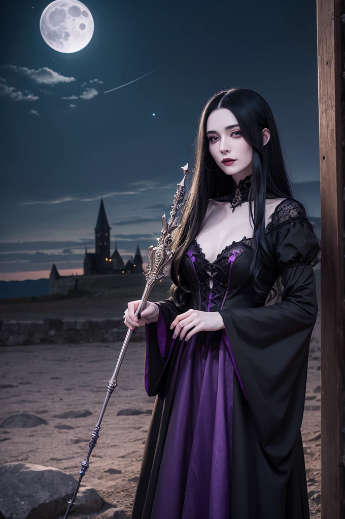 A pale witch, long black hair, using a deep purple fancy medieval dress, holding a wand, full moon behind and clean sky at night