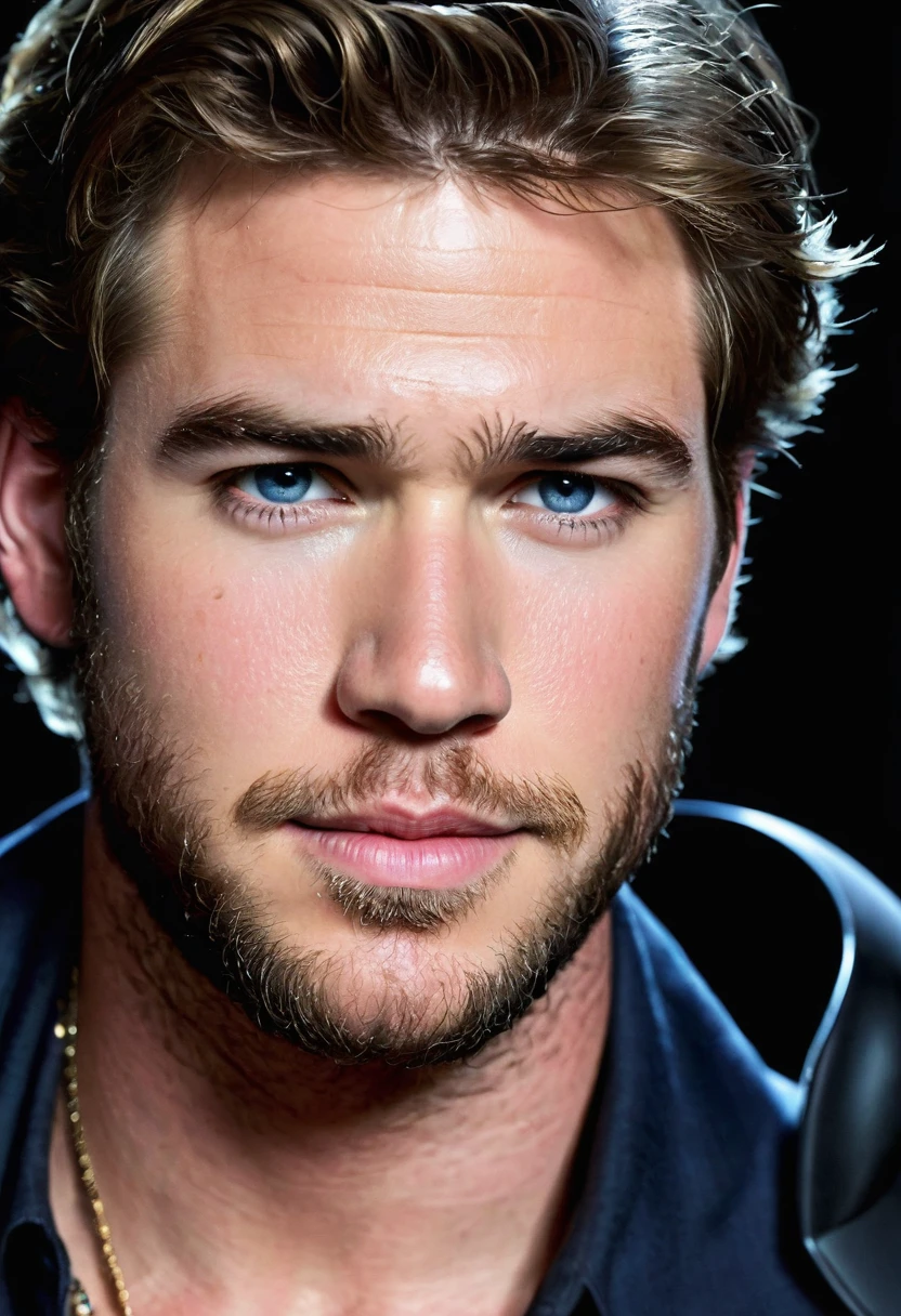(((Extremely close-up Liam Hemsworth under the mantle of the night watchman Batman Front Images Color Images Splash Batman)))