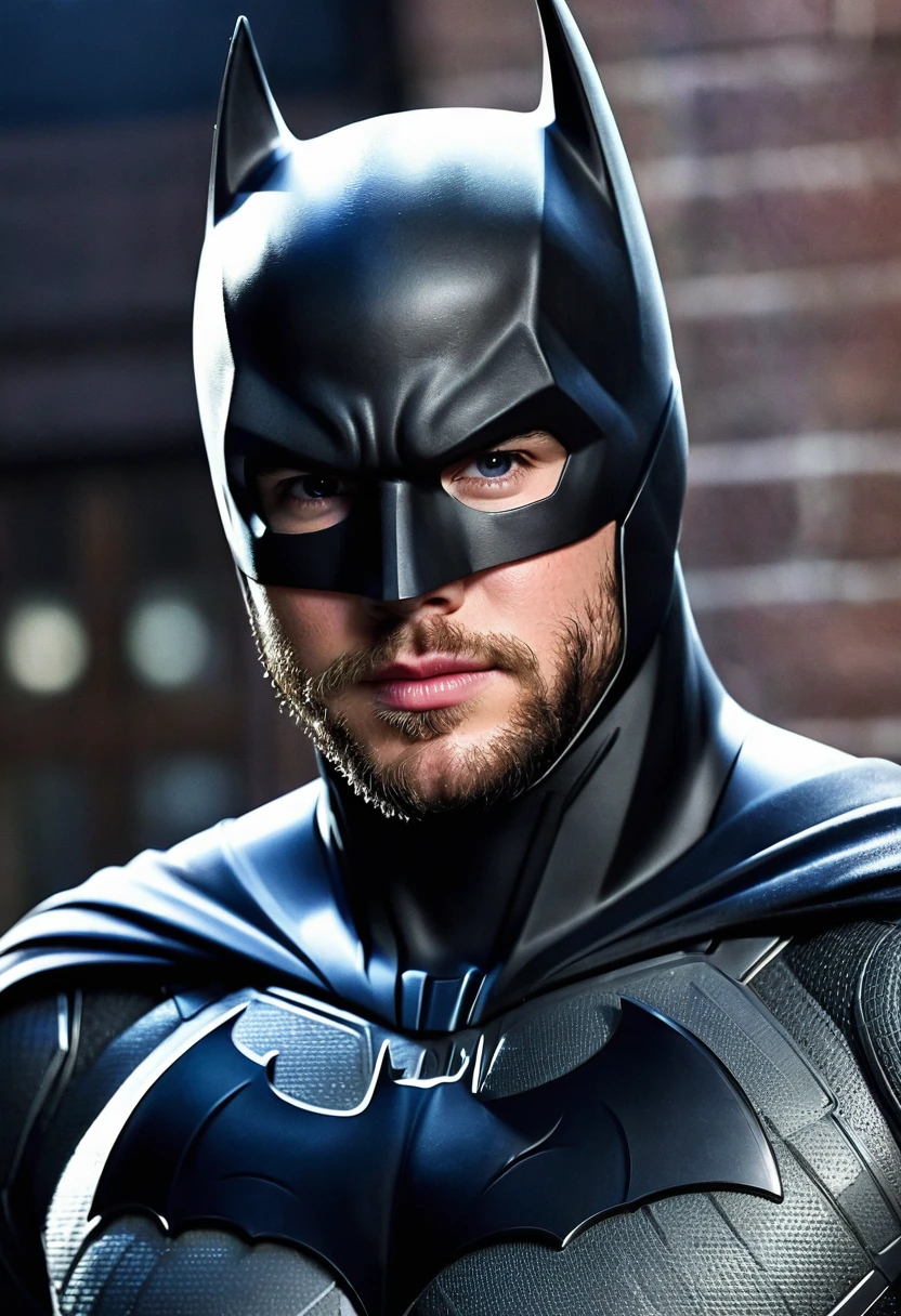 (((Extremely close-up Liam Hemsworth under the mantle of the night watchman Batman Front Images Color Images Splash Batman))) 