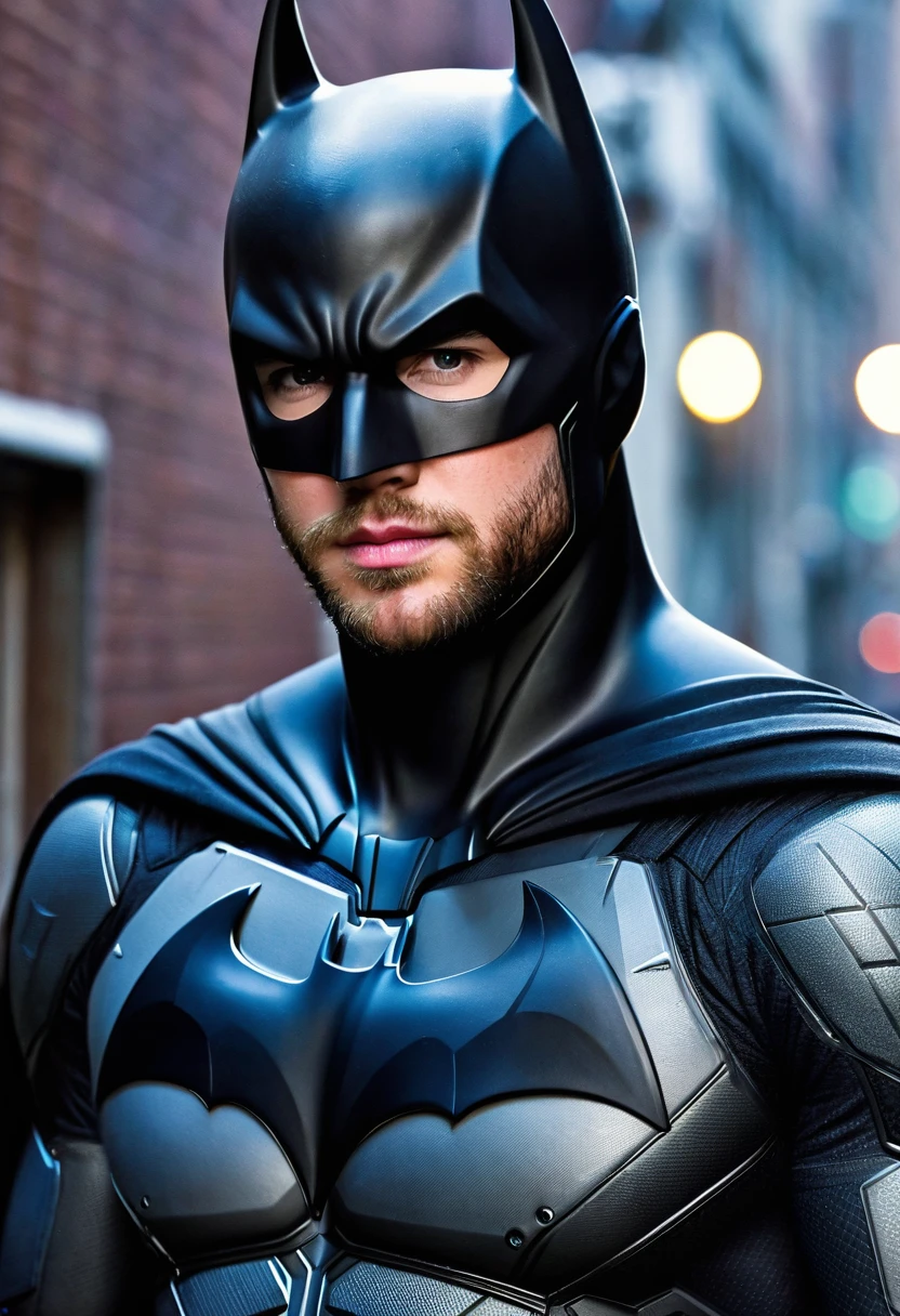 (((Extremely close-up Liam Hemsworth under the mantle of the night watchman Batman Front Images Color Images Splash Batman)))