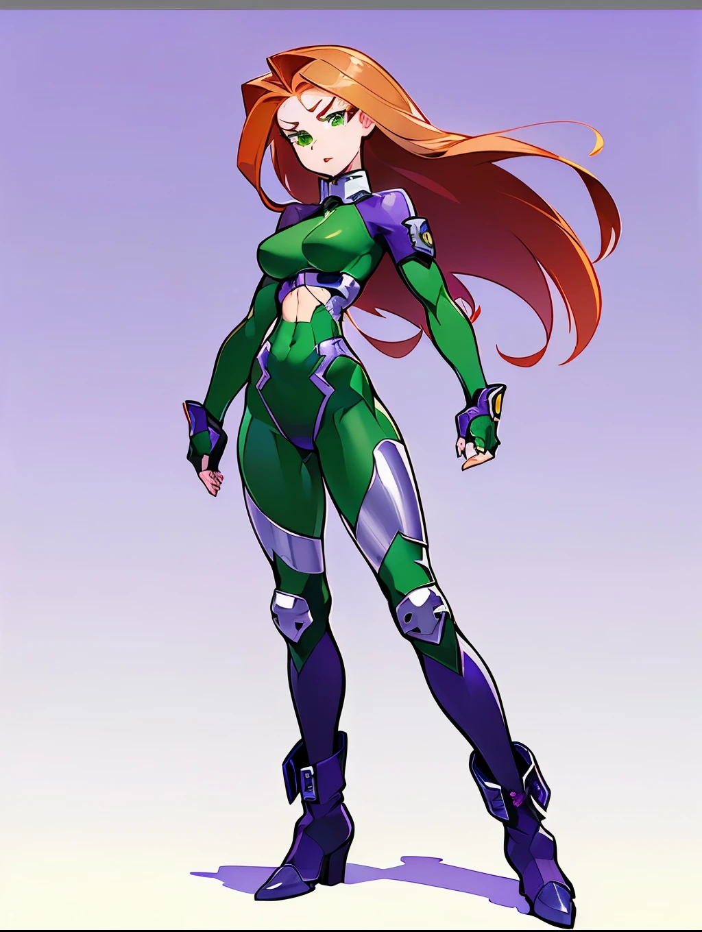 (My Hero Academia Style), ((((Kim Possible)))), ((Cartoon)), ((1girl)), (((Solo))), (((Redhead))), (((long hair))), (((green eyes))), (((purple lips))), (((Green tight-fitting long-sleeved leotard))), (((Green tight-fitting leotard))), (((Long-sleeved tight-fitting leotard))), (((tight-fitting leotard))), (((Bare legs))), (((toned legs))), (((Wide thighs))), (((wide calves))), (((fingerless green gloves))), (((green gloves))), (((fingerless gloves))), (((slightly marked muscles))), (((medium breasts))), (((wide hips))), (((toned waist))), (((toned abdomen))), (((Abs))), (((purple knee-high combat boots with metallic toe))), (((purple knee-high boots))), (((knee-high combat boots with metal toe))), (((purple combat boots with metal toe))), (((purple combat boots))), (((combat boots with metal toe))), (((purple boots))), (((boots combat knee-length))), (((Silver metal knee pads))), (((metal knee pads))), (((silver knee pads))), ((((knee pads)))), (((Full body photo:1.5))), (((perfect anatomy))), (((perfect hands))), (((perfect face))), (((super detailed))), (((cowboy bull:1.5))),