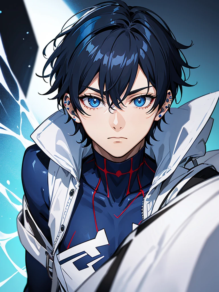 Anime boy wearing blue and white spiderman suit black hair blue highlight with piercing