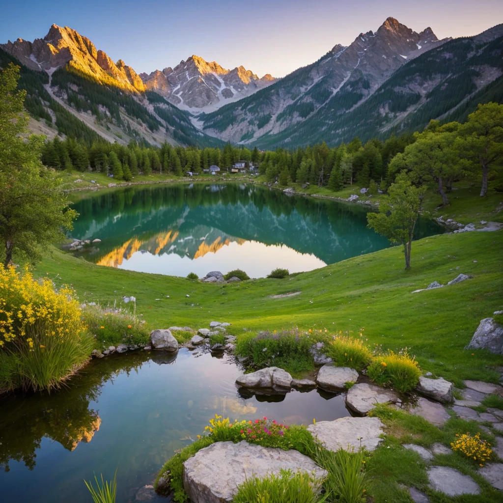 A pond deep in the mountains at dusk, shining gold, realistic, detailed, beautiful scenery, small pond