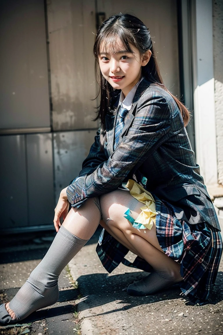 (8K), (highest quality: 1.2), (realistic), (realistic: 1.37), ultra high resolution, (1 girl、17 years old), cute, smile, closed mouth, beautiful details, beautiful nose, wet hair, giant dulcefo, pork, thighs，Self snap,High school Student Uniform,(A simple navy blue blazer),pleated skirt,(The skirt and tie are gray tartan check pattern....:1.3),(sitting:1), sit on the ground,(hug your feet:1),white pantyhose,from the front,knees、loafers、Low - Angle、From the front view、Checkered Pleated Skirt、Ponytail 1.2、Knee-high socks、barefoot、((Between the legs、Panties that fit the female genitals、White panties、膝を上げて、お尻を床に付けて座る))