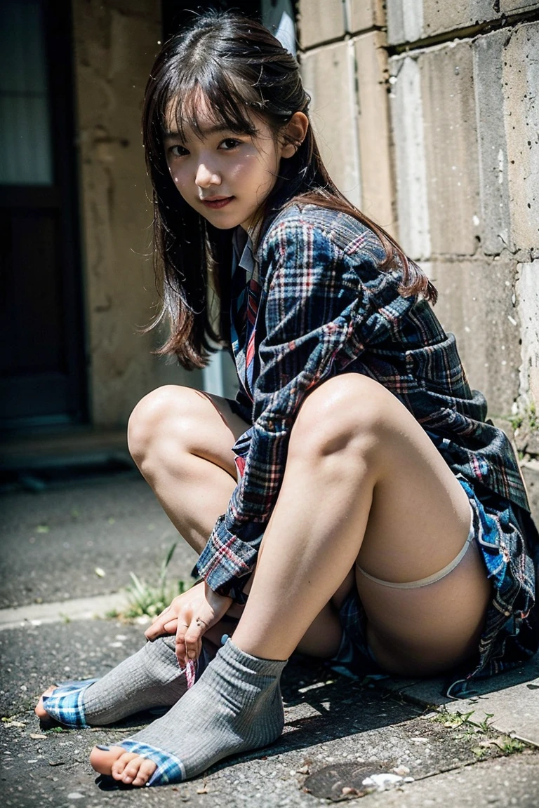 (8K), (highest quality: 1.2), (realistic), (realistic: 1.37), ultra high resolution, (1 girl、), cute, smile, closed mouth, beautiful details, beautiful nose, wet hair, giant dulcefo, pork, thighs,Self snap,High school Student Uniform,(A simple navy blue blazer),pleated skirt,(The skirt and tie are gray tartan check pattern....:1.3),(sitting:1), sit on the ground,(hug your feet:1),white pantyhose,from the front,knees、loafers、Low - Angle、From the front view、Checkered Pleated Skirt、Ponytail 1.2、Knee-high socks、barefoot、((Between the legs、Panties that fit the female genitals、White panties、膝を上げて、お尻を床に付けて座る))