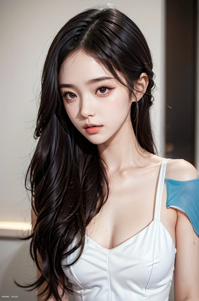 girl with a perfect figure and blue one piece cloth, long hair, high contrast (Natural skin texture, Hyperrealism, Soft Ligh, sharp), portrait, full body