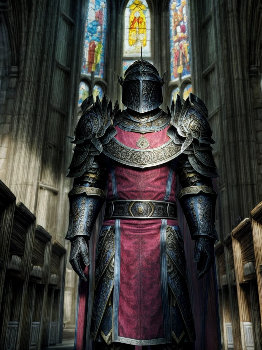 Draego, a medieval knight in shining armor, standing in front of an altar in a large cathedral, dramatic backdrop, high contrast, wide angle lens, vibrant colors, serene, detailed intricate armor, flowing cape, determined facial expression, sunlight streaming through stained glass windows, ornate altar with candles, dramatic shadows, cinematic composition, photorealistic, 8k, hyper detailed, masterpiece
