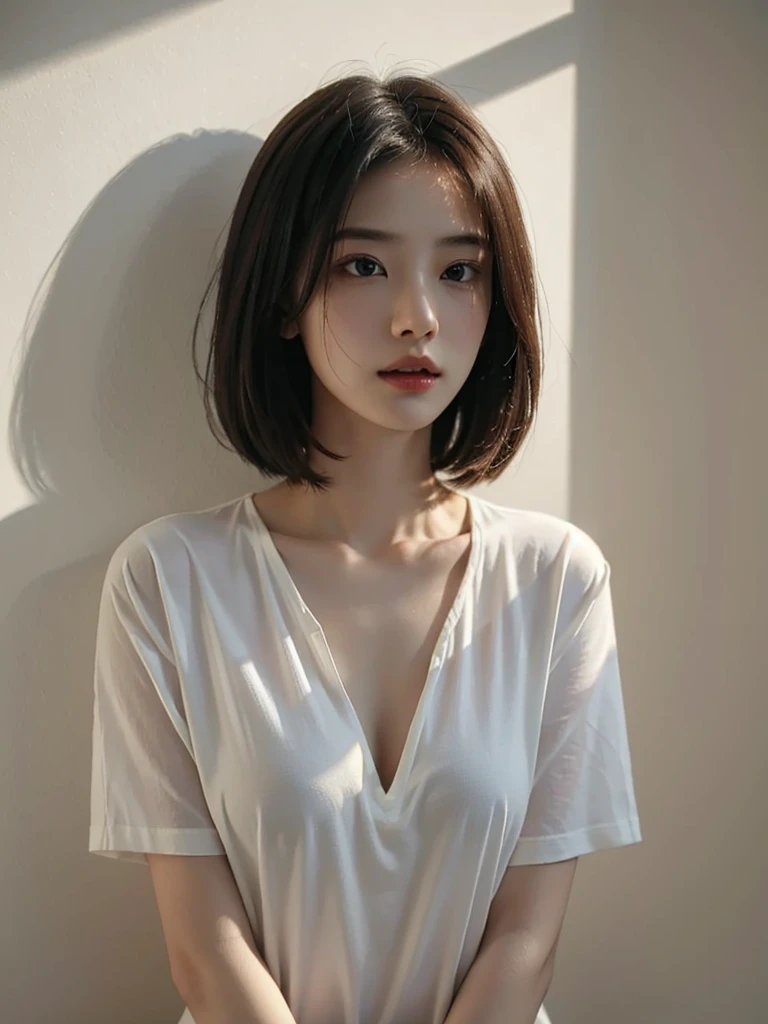 Woman in her early 20s、(highest quality, 8k, masterpiece :1.3)), Sharp focus:1.2, Perfect body beauty:1.4, Slim Abs:1.2, ((Short Layered Hair:1.2)), (White T-shirt:1.3), (mall:1.2), Very detailedな顔と肌の質感, Beautiful Eyes, double eyelid, Naughty expression Dark brown hair、short hair、simple((masterpiece、highest quality、Very detailed、High resolution、Realistic、Sharp focus、Cinema Lighting))、(1 girl)、Bust Shot、Beautiful Face、Realistic Face、(Black Hair、ボーイッシュなshort hair、Cut out)、Beautiful hairstyle、Realistic eyes、細かくてBeautiful Eyes、Realistic Skin、Beautiful Skin、sweater、Confused、charm、Golden Pixie Cut Maste Piece, highest qualityの, High freshness)), One girl, (It&#39;s photorealistic: 1.4), 服Autumn Clothes、ベリーshort hair、Light Hair、Hair with movement、Berry Short、Extremely short hair、Solo, Background whiteい, Pure white background, A happy smile, A happy smile, きれいなBlack Hair, Short Hair, Big eyes, はっきりしたdouble eyelid, False eyelashes, Sticking out ears, Long neck, Long neck, breast enhancement, (Draw the whole head,), 19 year old, charm的なプロポーション, Shiny skin, Beautiful collarbone, Golden ratio face, Perfect Face, Teardrop Mole, Mole on chest, Bangs, Beautiful bangs, Beautiful bangs, Lip gloss, Thin lips, Fair and shiny skin, Small breasts、 same, Small Face, Small Face, All heads are painted, The shoulders are all drawn, Looking slightly above the camera？？Hair Catalog、Background white、breast enhancement、Autumn Clothes、knit、画角breast enhancement、Hair Model、breast enhancement、Photo of Hiki、High neck clothing、Very short hairVery shortVery shortVery short hair、Lip ray