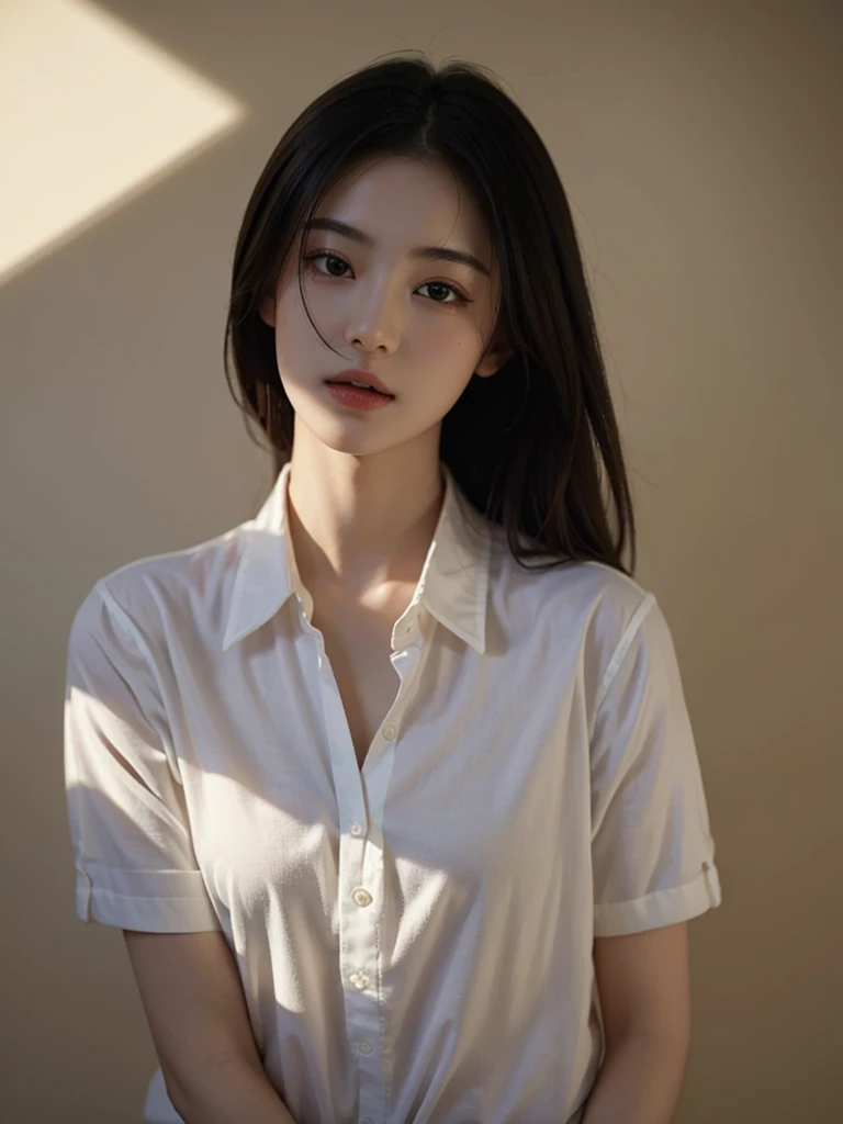 Highest quality、masterpiece、Ultra-high resolution、(Realism:1.4)、1 girl、In a pale background、Deep Shadow、Low Key、Shortcuts、Upper Body、sex appeal、Wearing a shirt
