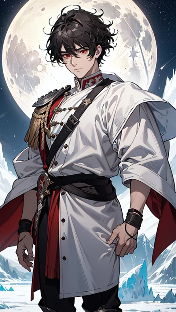 Young man, attractive and manly, short, curly black hair with bright white highlights on the bangs, Red eyes, expressive and fierce. handsome, a small scar on the left eye, Wears white warrior armor without helmet, and a long sharp sword, standing on a glacier of ice, condo a glass castle, a white full moon and many stars 