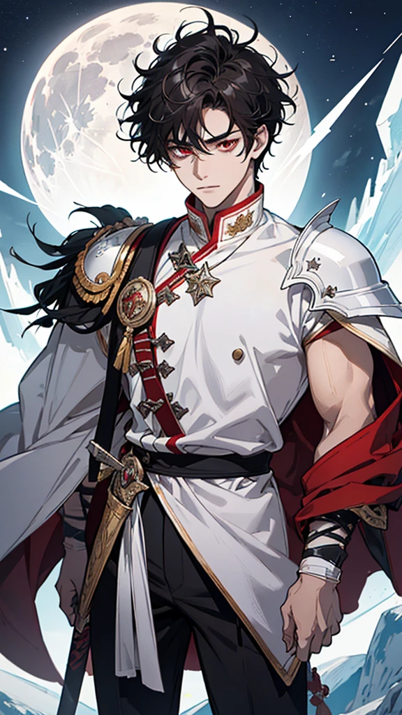 Young man, attractive and manly, short, curly black hair with bright white highlights on the bangs, Red eyes, expressive and fierce. handsome, a small scar on the left eye, Wears white warrior armor without helmet, and a long sharp sword, standing on a glacier of ice, condo a glass castle, a white full moon and many stars