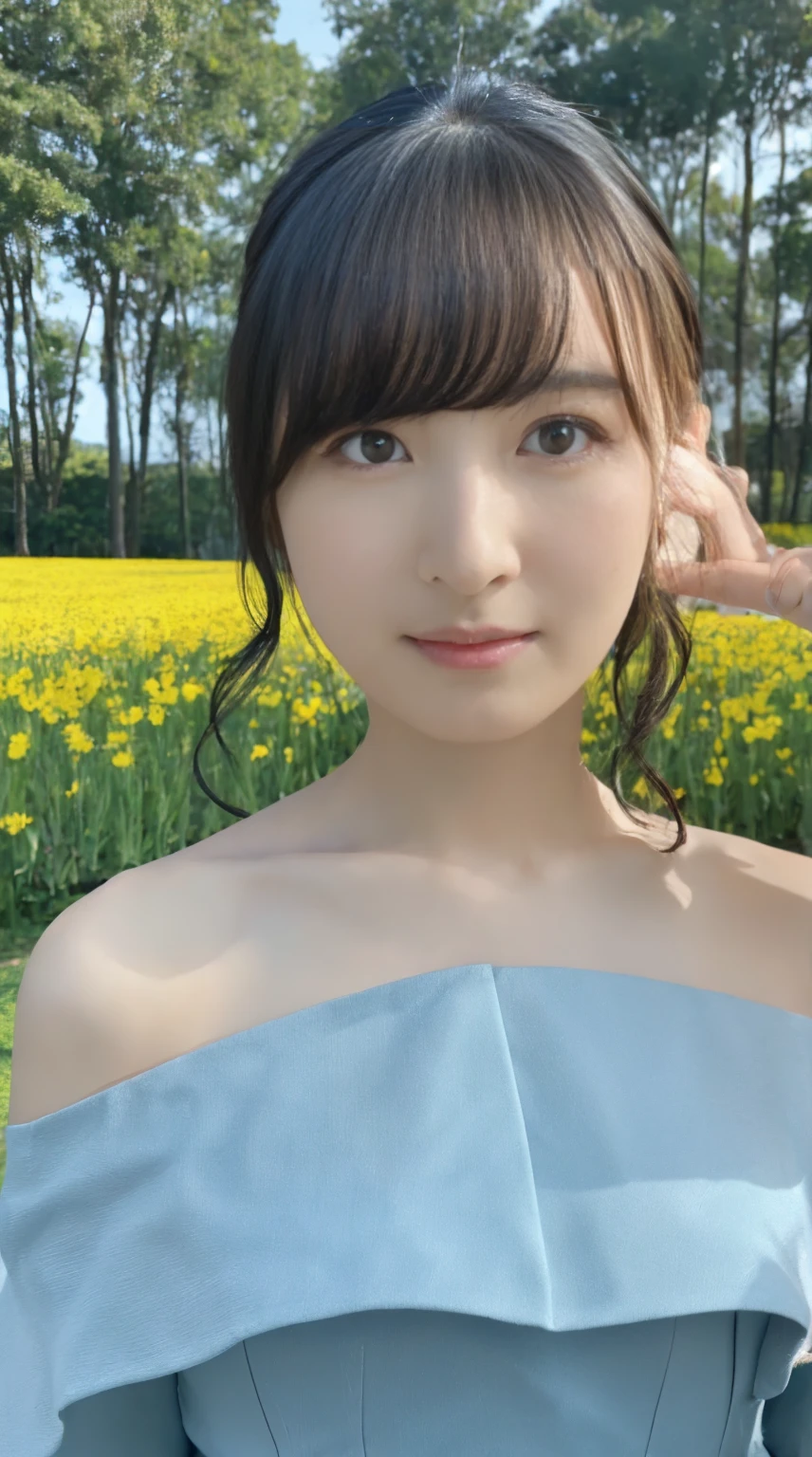 masterpiece, Highest quality, Ultra-high resolution, Fluorescent color,, 1 Girl, Looking at the audience, Beautiful Face, Beautiful Eyes, (Off the shoulder: 1.2), Lift your head, Upper Body, forest, Shiny Hair, Shiny skin, Shining Cut, a bit, Adjust the proportions of your fingers、Flower Field、Under the sky、uniform