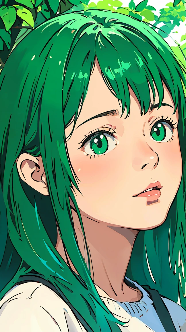 Reasonable design, clear lines, high sharpness, A beautiful young girl with vibrant green hair is wearing a , bright and energetic, realistic and well designed, clear lines, high definition, expressive facial patterns, a surprised expression, long eyelashes, , cute, vibrant green hair, dynamic pose, colorful, warm lighting, natural setting, detailed background, anime-like,