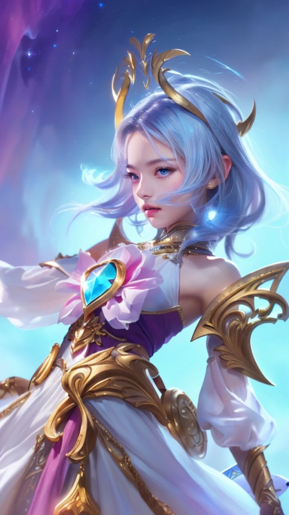 a young girl in a white dress holding a sword, beautiful detailed eyes, beautiful detailed lips, extremely detailed face and eyes, long eyelashes, elegant pose, intricate details, dramatic lighting, fantasy, knights of zodiac, star guardian inspired, highly detailed, 4k, photorealistic, vivid colors, dramatic lighting, fantasy art, digital painting