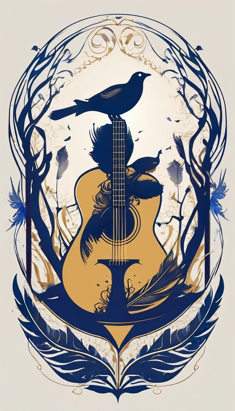 Create a minimalistic, simple, fantastic, easy to understand, logo design of a boy and a feather for an upcoming Role Playing Game called " Penamemoria". The game is about a world of bird and feathers and the inspirational, creative journey of a boy and his acoustic guitar. A boy enters that world and discovers his true artistic identity. Create a logo design that transmits the essence of this videogame and this world. It´s a fantasy game, with fantasy elements. Create the minimalistic logo in the center and a fantasy theme as background. Use the colours blue, white, light golden in the logo.