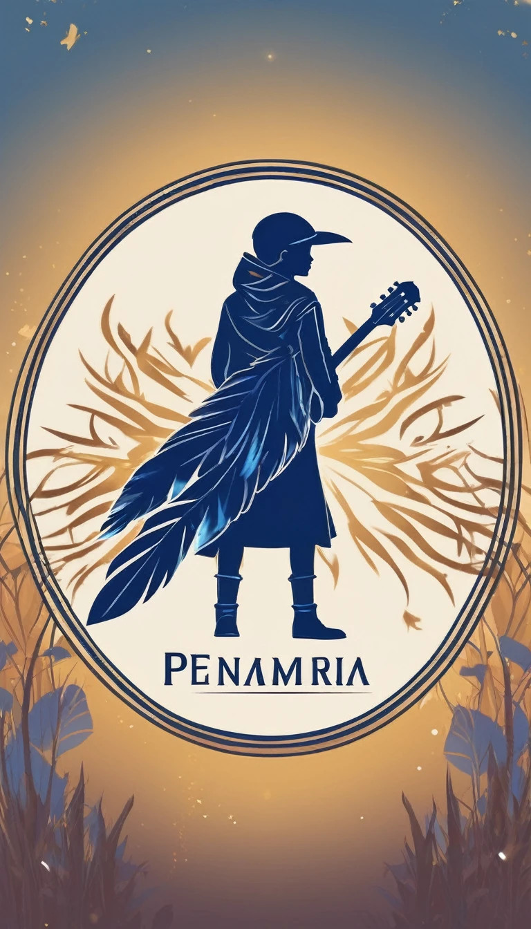 Create a minimalistic, simple, fantastic, easy to understand, logo design of a boy and a feather for an upcoming Role Playing Game called " Penamemoria". The game is about a world of bird and feathers and the inspirational, creative journey of a boy and his acoustic guitar. A boy enters that world and discovers his true artistic identity. Create a logo design that transmits the essence of this videogame and this world. It´s a fantasy game, with fantasy elements. Create the minimalistic logo in the center and a fantasy theme as background. Use the colours blue, white, light golden in the logo.