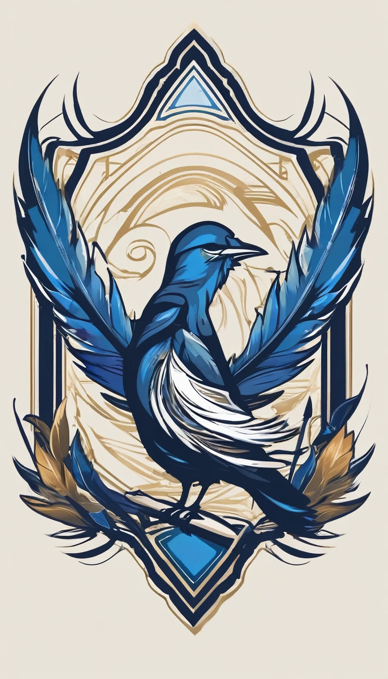 Create a minimalistic, simple, fantastic, easy to understand, logo design of a boy and a feather for an upcoming Role Playing Game called " Penamemoria". The game is about a world of bird and feathers and the inspirational, creative journey of a boy and his acoustic guitar. A boy enters that world and discovers his true artistic identity. Create a logo design that transmits the essence of this videogame and this world. It´s a fantasy game, with fantasy elements. Create the minimalistic logo in the center and a fantasy theme as background. Use the colours blue, white, light golden in the logo.