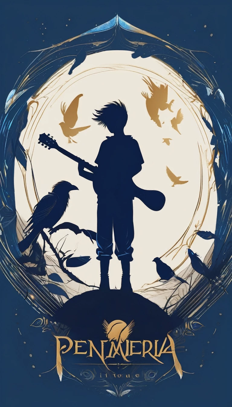 Create a minimalistic, simple, fantastic, easy to understand, logo design of a boy and a feather for an upcoming Role Playing Game called " Penamemoria". The game is about a world of bird and feathers and the inspirational, creative journey of a boy and his acoustic guitar. A boy enters that world and discovers his true artistic identity. Create a logo design that transmits the essence of this videogame and this world. It´s a fantasy game, with fantasy elements. Create the minimalistic logo in the center and a fantasy theme as background. Use the colours blue, white, light golden in the logo.