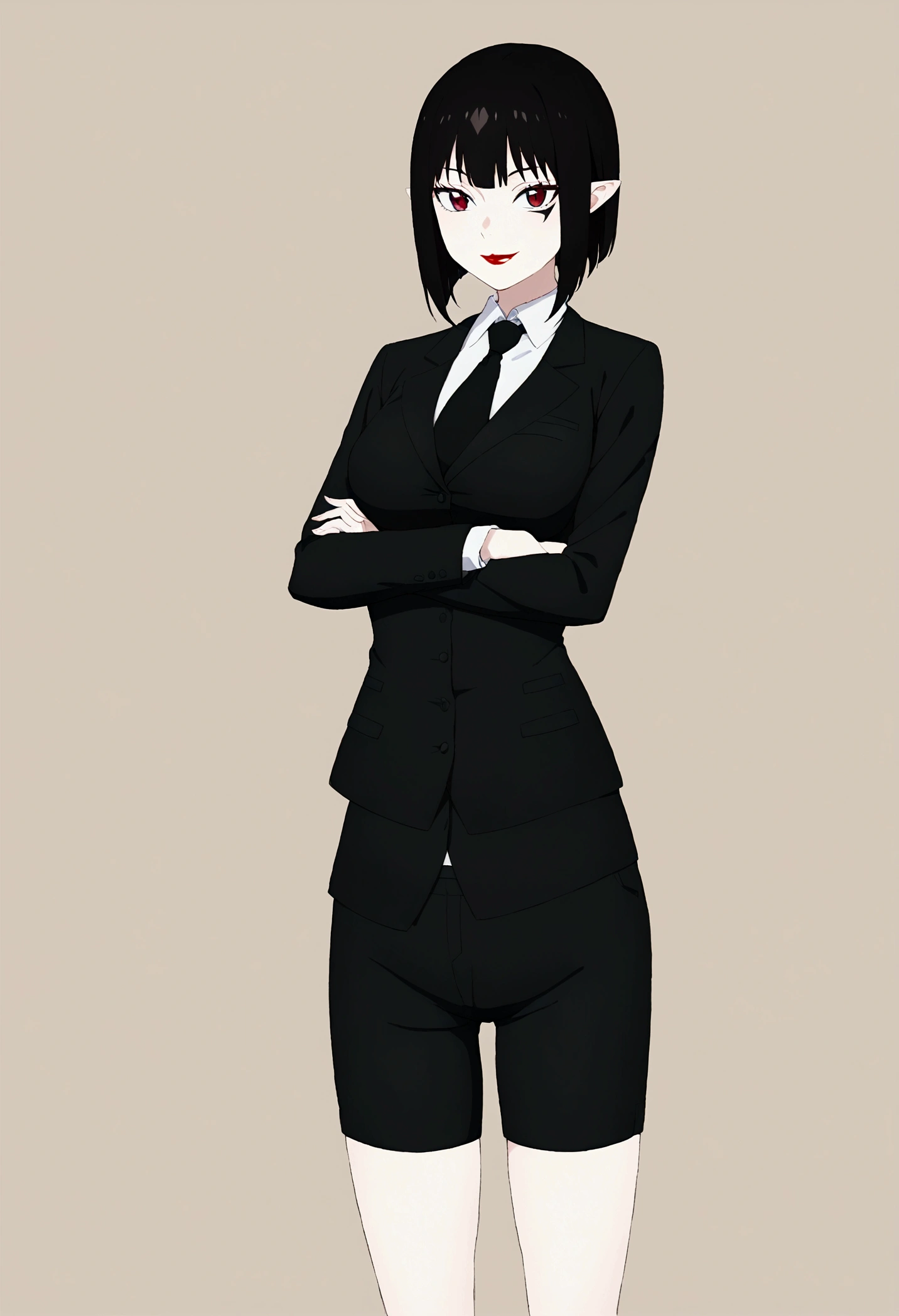 alone,独奏,Beautiful girl, shorth hair, wearing a formal suit, necktie, large breasted, sensuous, lipstick, smilling face, gorgeous eyes, Bblack hair, Clean and combed hair, rot (x) Behind her,shorts curto, whole body,crossed arms,shorts curto
