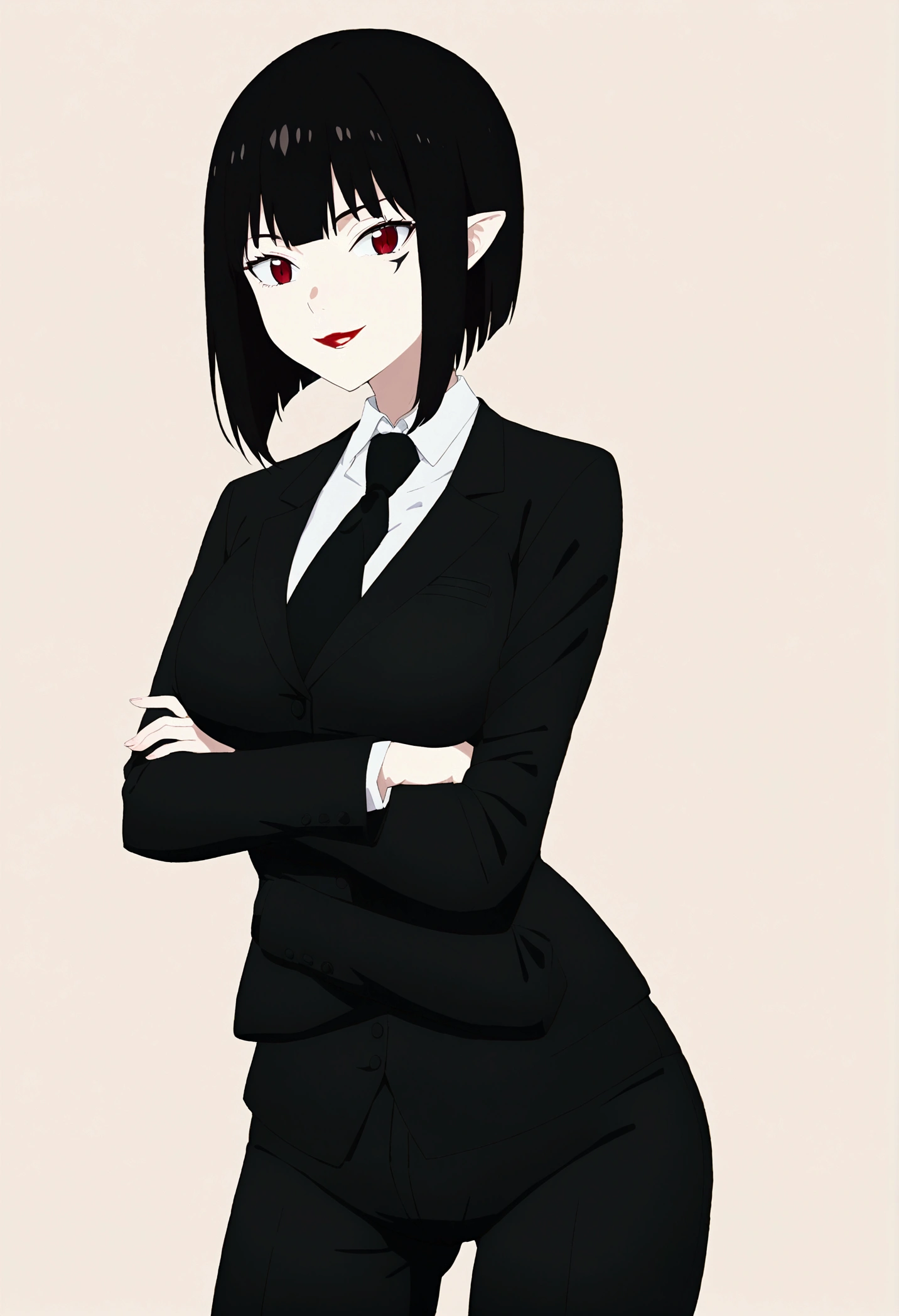 alone,独奏,Beautiful girl, shorth hair, wearing a formal suit, necktie, large breasted, sensuous, lipstick, smilling face, gorgeous eyes, Bblack hair, Clean and combed hair, rot (x) Behind her,shorts curto, whole body,crossed arms,shorts curto
