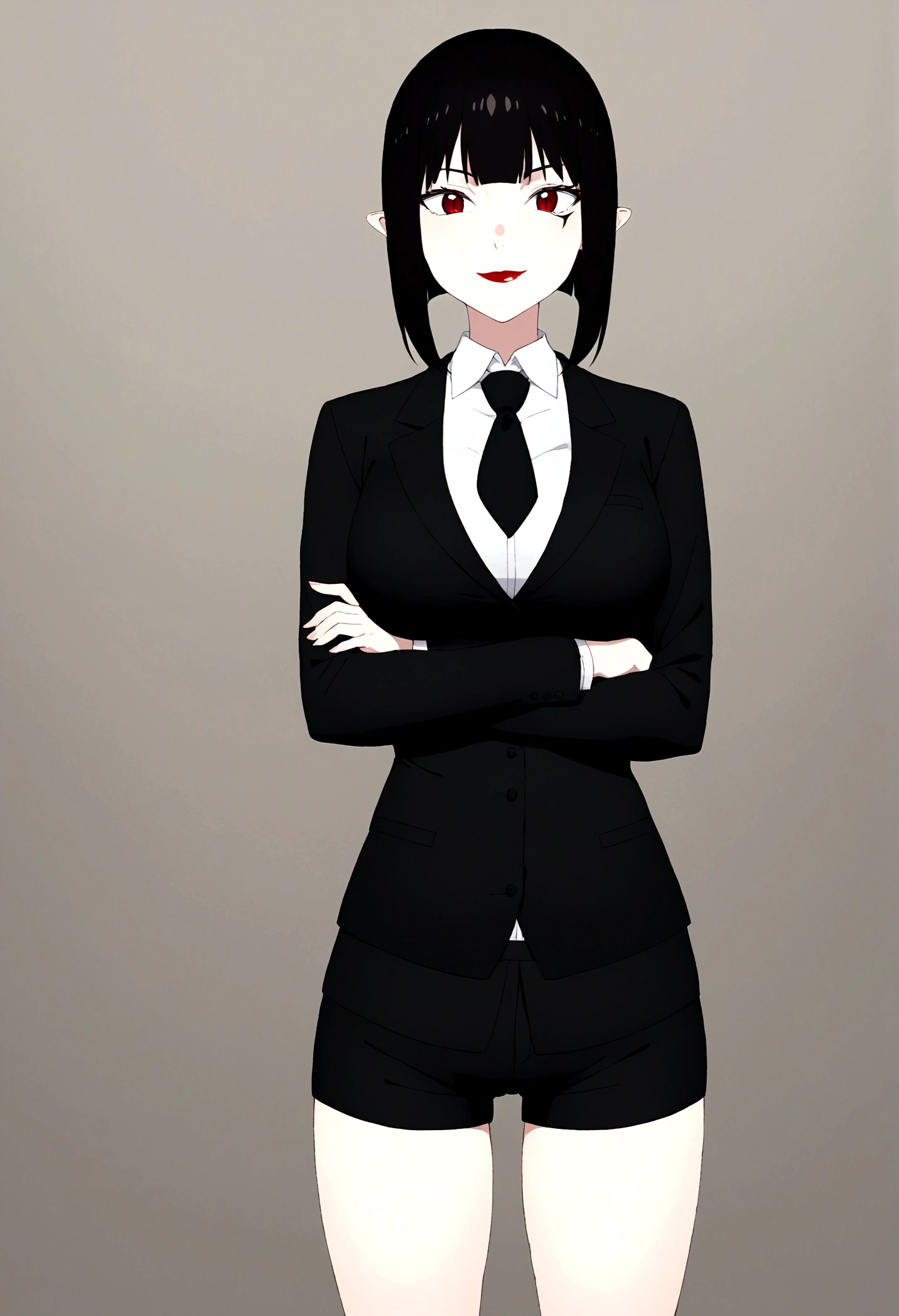 alone,独奏,Beautiful girl, shorth hair, wearing a formal suit, necktie, large breasted, sensuous, lipstick, smilling face, gorgeous eyes, Bblack hair, Clean and combed hair, rot (x) Behind her,shorts curto, whole body,crossed arms,shorts curto
