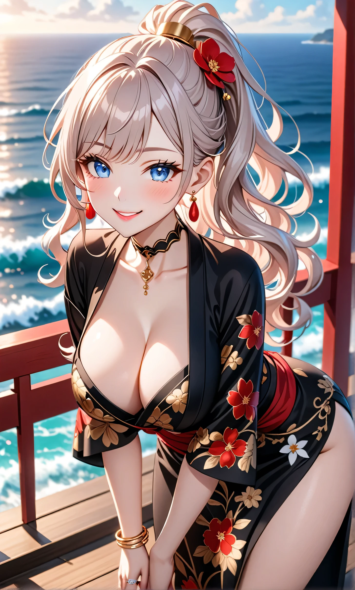 ultra-detailed, ((one girl)), (pale skin:1.4), in pastel girl, hyper detailed, absurdres, 8K, fair skin, Beautiful Face, (Laugh shyly), ((teasing smile:1.8)), ((Wink:1.7)), (Laugh with your mouth wide open),((Tilt your head:1.6)), View your viewers, ((Bright red cheeks:1.6)),Glossy Red Lips, ((Big Breasts:1.5)), ((show off breast:1.4)), ((erect nipples)), night, Observation deck with ocean view, ((Anime style background)),masterpiece, Highest quality, so beautiful,Latest, Complex details, (Pink long nails), (nail art), (ring),(bracelet), (Floral Choker),AI-generated, Complex,High resolution, Highest quality, super high quality,3D Images、3D Images,One person,long white hair,(High Ponytail), (wavy hair:1.3), Anime woman posing for a photo, ((Fine grain、blue eyes、glowing eyes:1.4)), (Squint your eyes:1.1),a hyperRealistic , hyperRealistic , Realistic,Anime woman with long white, Smooth anime CG art, Girl in black kimono, Gold embroidery, ((black furisode)),(Large floral pattern) , ((undressing)), Long flower hair ornament,Floral Earrings,Mature Body, tall,Abdominal muscles,Narrow waist,((leaning forward:1.4)), ((model pose:1.3)), (front view),