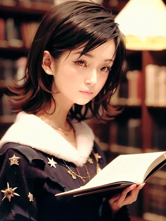 1 Girl, solo, (Chiaki),  (astrologer),  (white skin),
mysterious, Fantasy, grace, Calm, Silence, intellectual, ancient, Beyond time and space, dream, aura,
Dark eyeshadow, Star shaped glitter, Sparkling Highlights, Rich Lip Color, Smokey Eye, mysteriousなアイライナー, 
Ancient Library, Dimly lit room, The lighting is candles,
astrologerが古い巻物を読み解いている,
Shiny Ink, A faint light from the darkness, Constellations emerging from the book