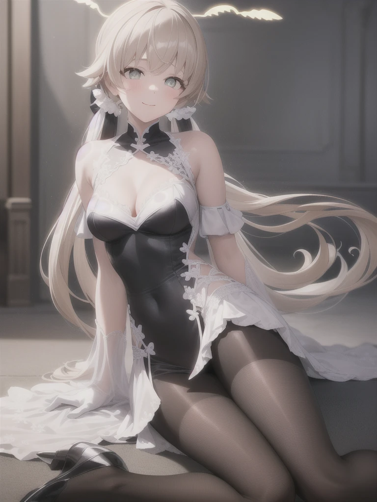 A girl,Long hair, Bangs, White hair, Hair between the eyes, s eyes:(1.5), (Medium breasts:1.2),
rest 锁骨, Wedding dress,veil,wedding,Black dress,Flowers,The skirt is broken,Black socks,Black knee socks,Black gloves,boots,Cleavage,
Looking at the audience, whole body,
indoors, church,permanent,permanent,Smile,With one eye closed,
rest (masterpiece:1.2), best quality, high resolution, 8k wallpaper, (illustration:0.8), (美丽细致s eyes:1.6), Extremely detailed face, Perfect lighting, Extremely detailed CG, (Perfect hands, Perfect anatomical structure),