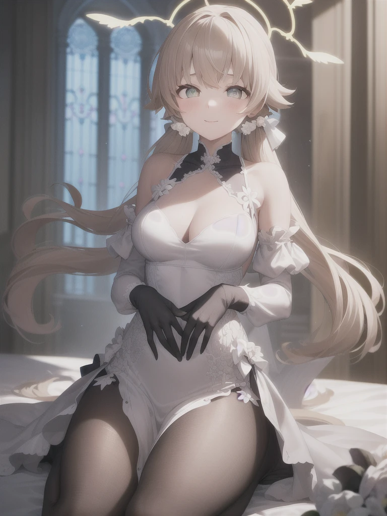 A girl，Long hair, Bangs, White hair, Hair between the eyes, s eyes:（1.5),  (Medium breasts:1.2), 
rest  锁骨, Wedding dress，veil，wedding，Black dress，Flowers，The skirt is broken，Black socks，Black knee socks，Black gloves，boots，Cleavage，
Looking at the audience, whole body,
indoors, church，permanent，permanent，Smile，With one eye closed，
rest (masterpiece:1.2), best quality, high resolution,  8k wallpaper, (illustration:0.8), (美丽细致s eyes:1.6), Extremely detailed face, Perfect lighting, Extremely detailed CG, (Perfect hands, Perfect anatomical structure),