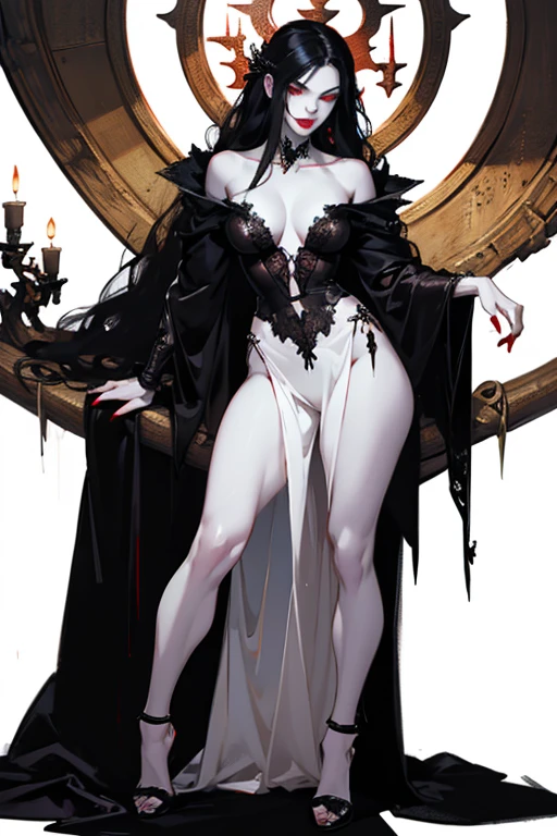 (full body:1.4),((ultra realistic illustration:1.2)),(dark fantasy:1.4), (seductive). In a ornate bed chamber. Beautiful vampiress. long black hair, red eyes, ((very pale:1.4)), beautifully fit figure, natural perky breasts. Blood red lipstick, long sheer gown, .Masterpiece, (highly detailed:1.2),(detailed face and eyes:1.2), 8k wallpaper, natural lighting. core shadows, high contrast, bokeh.