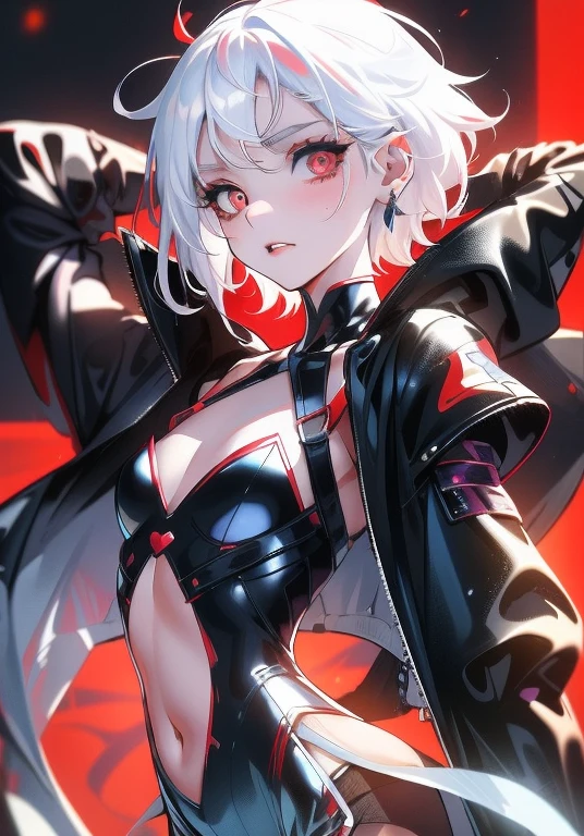 ,flat chested, flat stomach, tiny body, small stature, high quality image of an anime-style gothic girl, the girl has a very thin body, the girl has short legs, her face is sad, the girl has white skin, the girl has very small breasts, The girl is slightly blushing, the girl has little ears, the girl has white hair, the girl has short hair, the girl is posing sexy, the girl is wearing a sexy black tight leotard, the girl's eyes are bright red, the girl has very marked black eyeliner, The background of the image is a night garden with luminous ghosts,