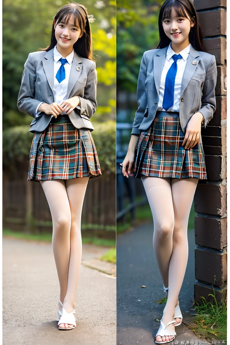 (8K), (highest quality: 1.2), (realistic), (realistic: 1.37), ultra high resolution, (1 girl、17 years old), cute, smile, closed mouth, beautiful details, beautiful nose, wet hair, giant dulcefo, pork, thighs,Self snap,High school Student Uniform,(A simple navy blue blazer),pleated skirt,(The skirt and tie are gray tartan check pattern....:1.3),(sitting:1), sit on the ground,(hug your feet:1),white pantyhose,from the front,knees、loafers、Low - Angle、From the front view、Checkered Pleated Skirt、Ponytail 1.2、Knee-high socks、barefoot、((Between the legs、Panties that fit the female genitals、White panties、膝を上げて、お尻を床に付けて座る))